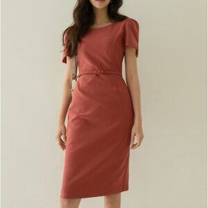 Ode Puff Sleeve Belted Midi Dress in Copper Rust Red
